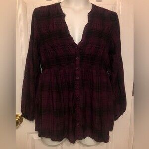 Torrid Sz 1 Rayon Twill Smocked Button-Front Tunic Top Plaid Purple